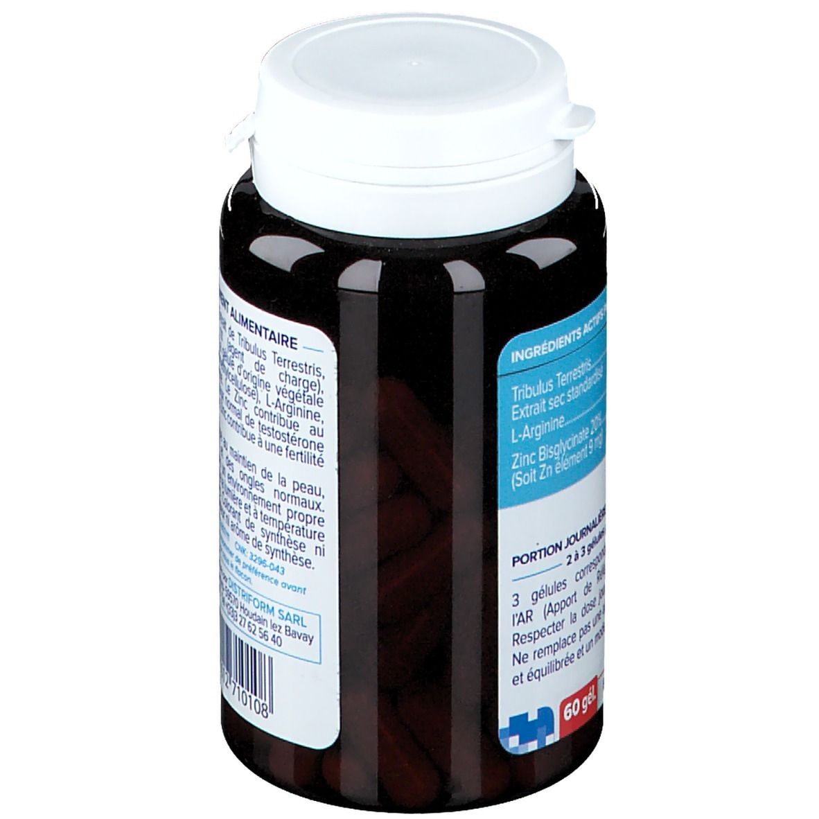 Bruine capsules in een bruine fles met witte dop. Opschrift: Ingrediënten, 60 gél.
