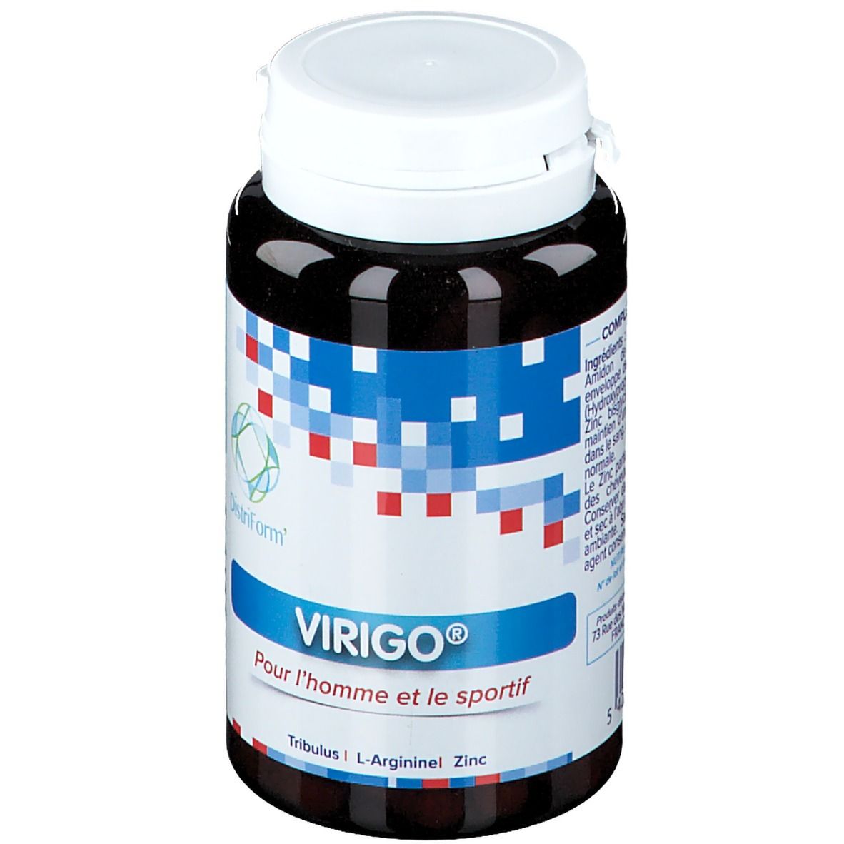 Bruine tablettenfles met witte dop. Opschrift: Virigo, Pour l'homme et le sportif. Blauwe en rode pixelpatronen.