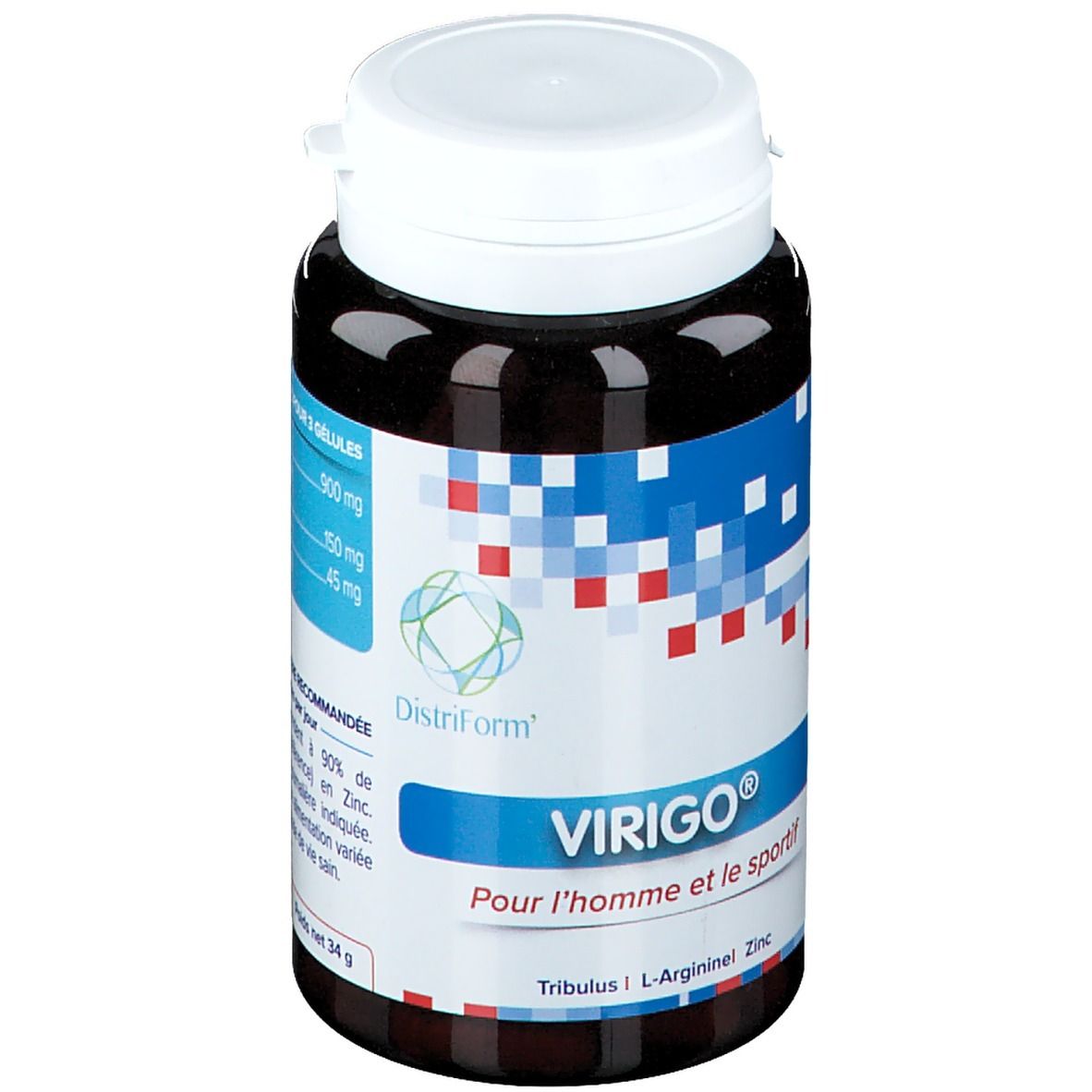 Bruine tablettenfles met witte dop. Opschrift: Virigo, Pour l'homme et le sportif. Blauwe en rode pixelpatronen. 34 g.