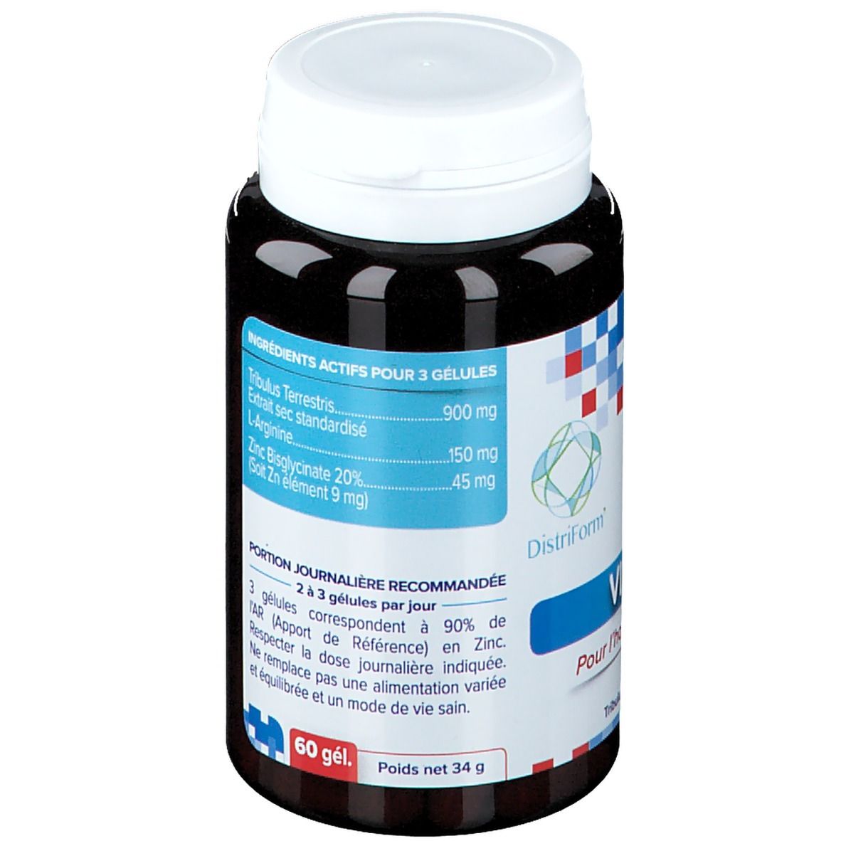 Achterkant van een bruine tablettenfles met witte dop. Opschrift: Ingrediënten, 60 gél. 34 g.