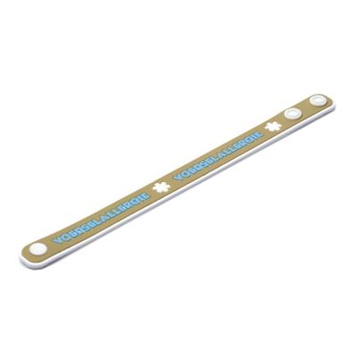 Bracelet en silicone beige avec texte 'VOEDSELALLERGIE' en bleu. Fermeture blanche.