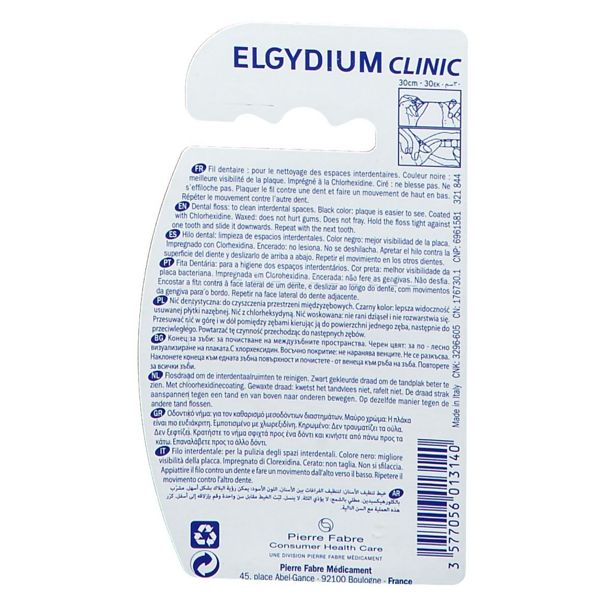 Dos de l'emballage avec texte multilingue. Informations du fabricant et symboles de recyclage. "Pierre Fabre" et "Elgydium Clinic" visibles.