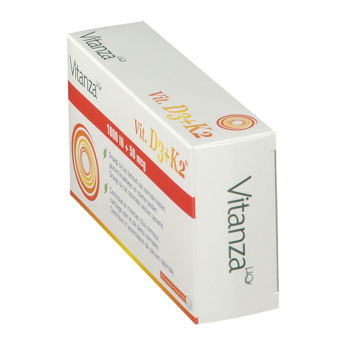 Boîte de Vitamine D3+K2 en biais. Marque Vitanza. Contient 1000 IU + 50 mcg. Texte en néerlandais. Forme rectangulaire.