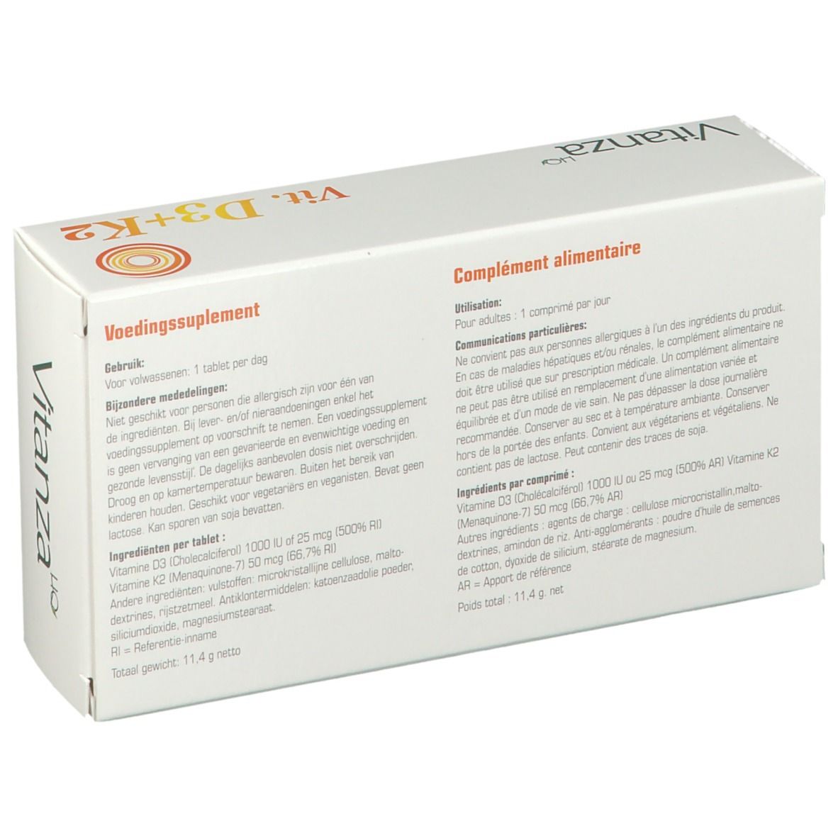 Dos de la boîte de Vitamine D3+K2. Marque Vitanza. Informations en néerlandais et français. Forme rectangulaire.
