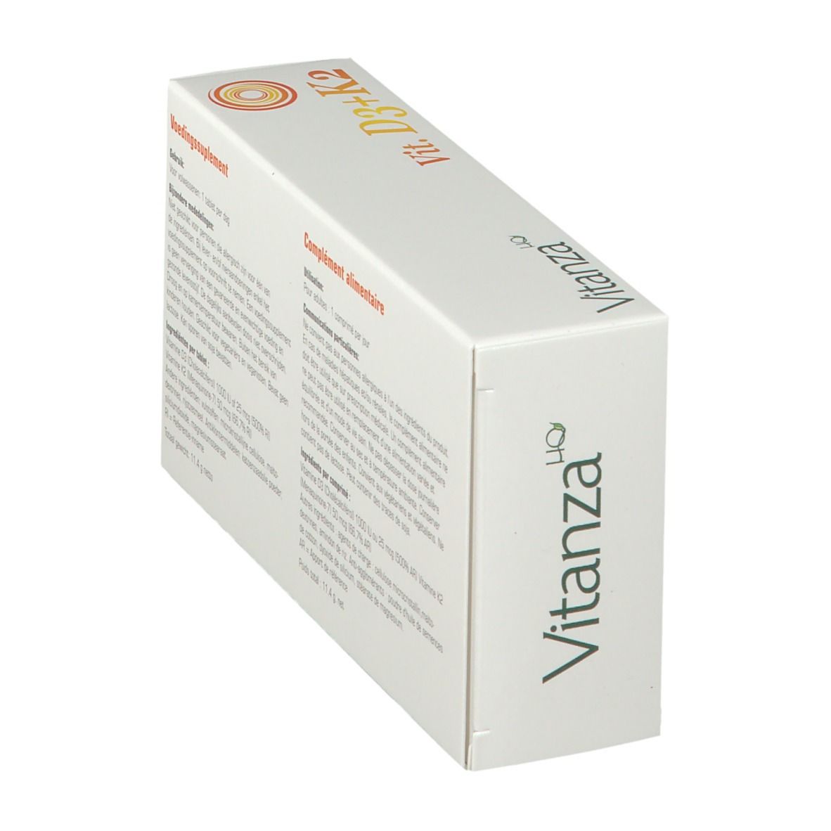 Boîte de Vitamine D3+K2 en biais. Marque Vitanza. Informations en néerlandais et français. Forme rectangulaire.