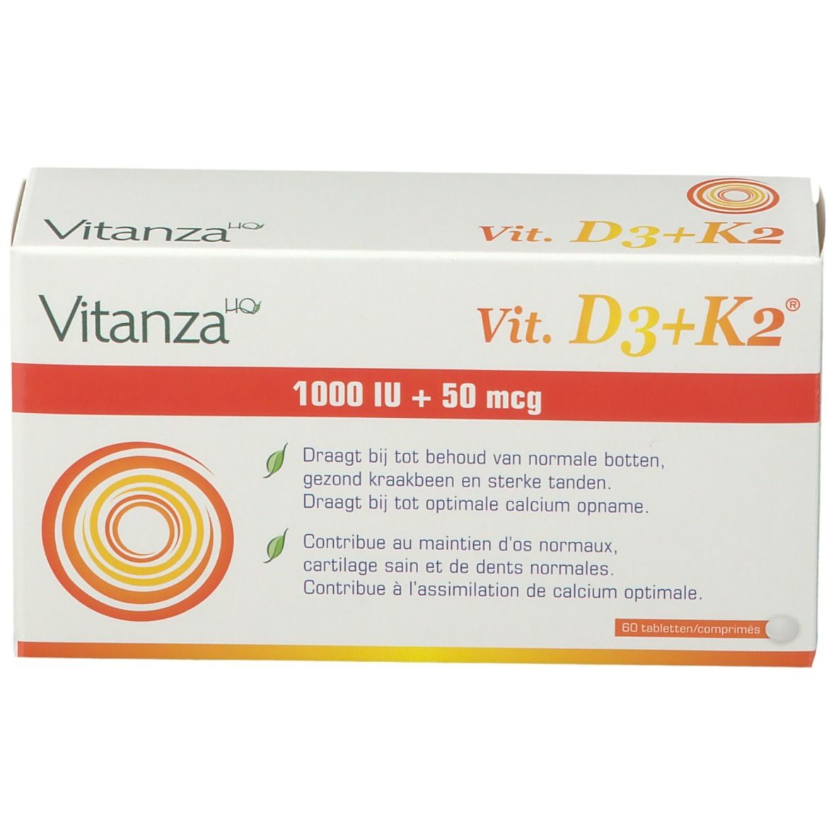 Boîte de Vitamine D3+K2. Marque Vitanza. Contient 1000 IU + 50 mcg. Texte en néerlandais. Contient 60 comprimés.
