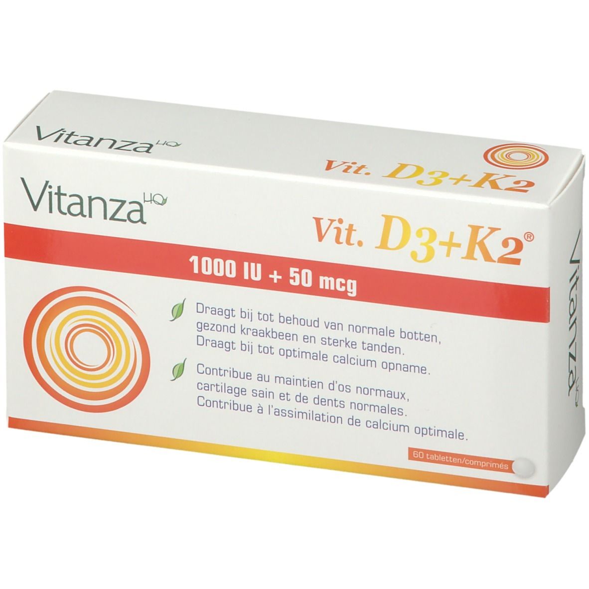 Boîte de Vitamine D3+K2. Marque Vitanza. Contient 1000 IU + 50 mcg. Texte en néerlandais. Contient 60 comprimés.
