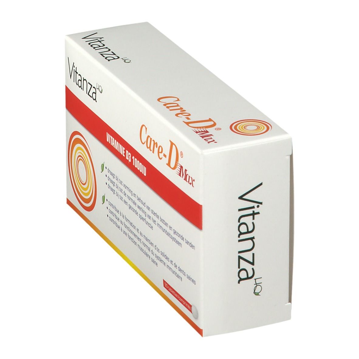 Schräg stehender weißer Karton. Aufschrift: Care-D Max, Vitamine D3 1000IU. Gelb-orange Kreismuster. Vitanza Logo.