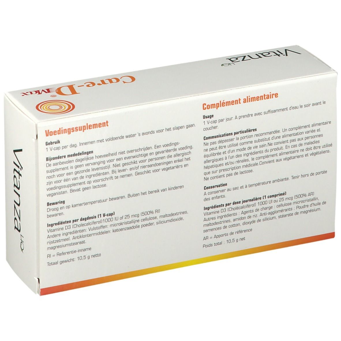 Weißer Karton mit Text. Aufschrift: Care-D Max, Vitamine D3 1000IU. Inhaltsstoffe und Anwendungshinweise. Vitanza Logo.