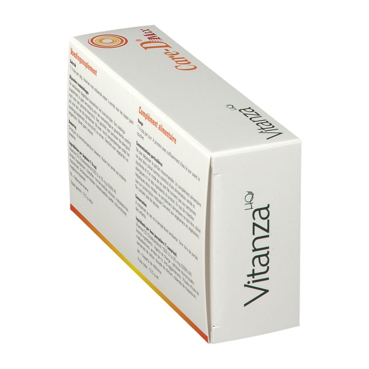 Schräg stehender weißer Karton. Aufschrift: Care-D Max, Vitamine D3 1000IU. Text und Logo Vitanza.