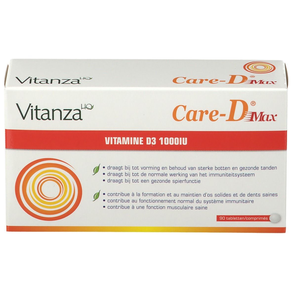 Weißer Karton mit rotem Streifen. Aufschrift: Care-D Max, Vitamine D3 1000IU. Gelb-orange Kreismuster. 90 Tabletten.