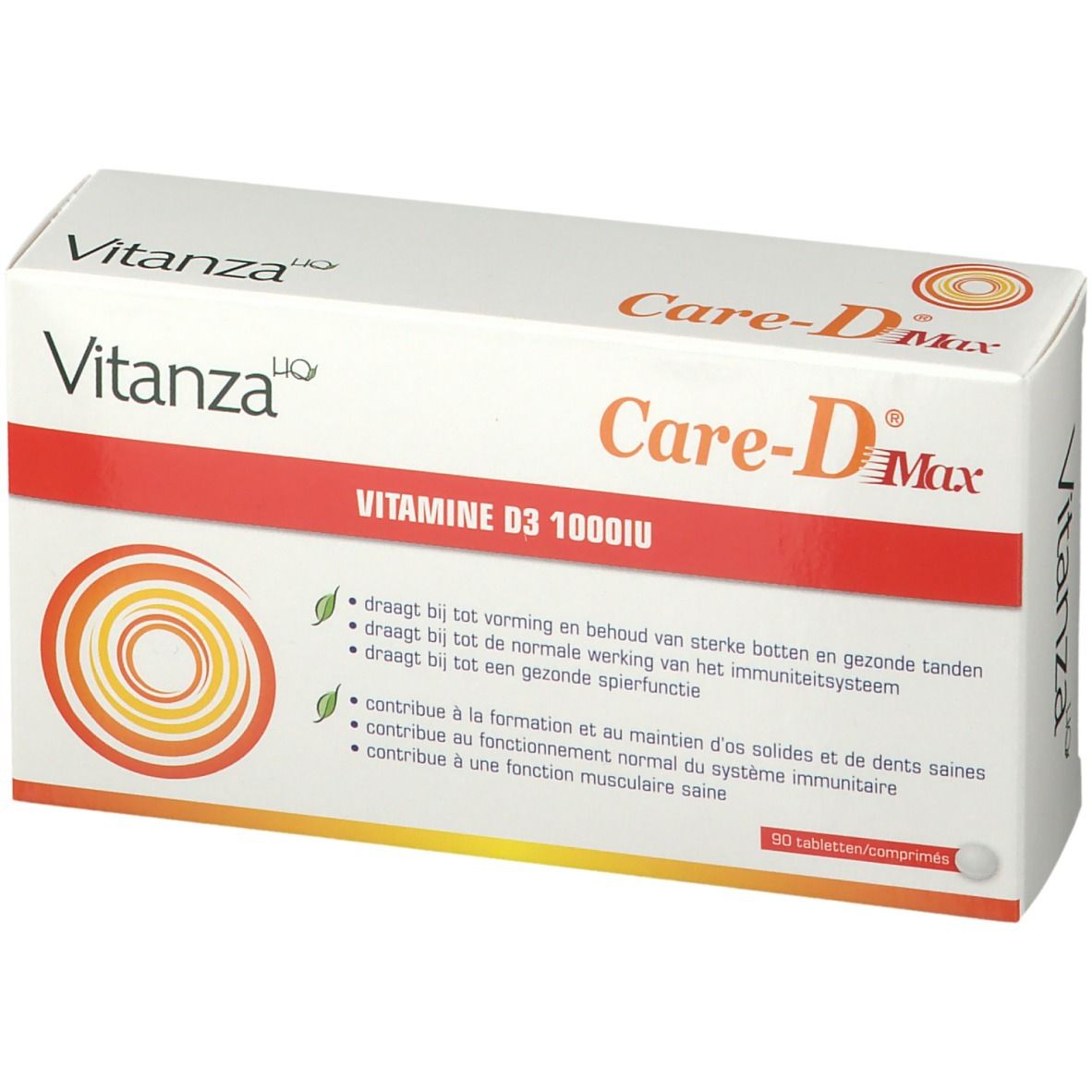 Weißer Karton mit rotem Streifen. Aufschrift: Care-D Max, Vitamine D3 1000IU. Gelb-orange Kreismuster. 90 Tabletten.