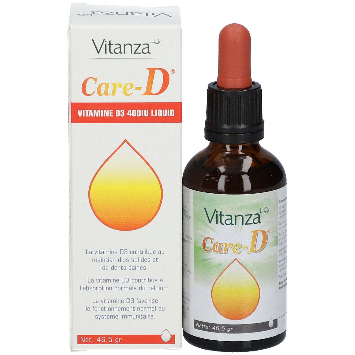 Flacon et emballage du produit. "Vitanza Care-D" et "Vitamine D3 400IU Liquid". Symbole de goutte. Net 46,5 g.
