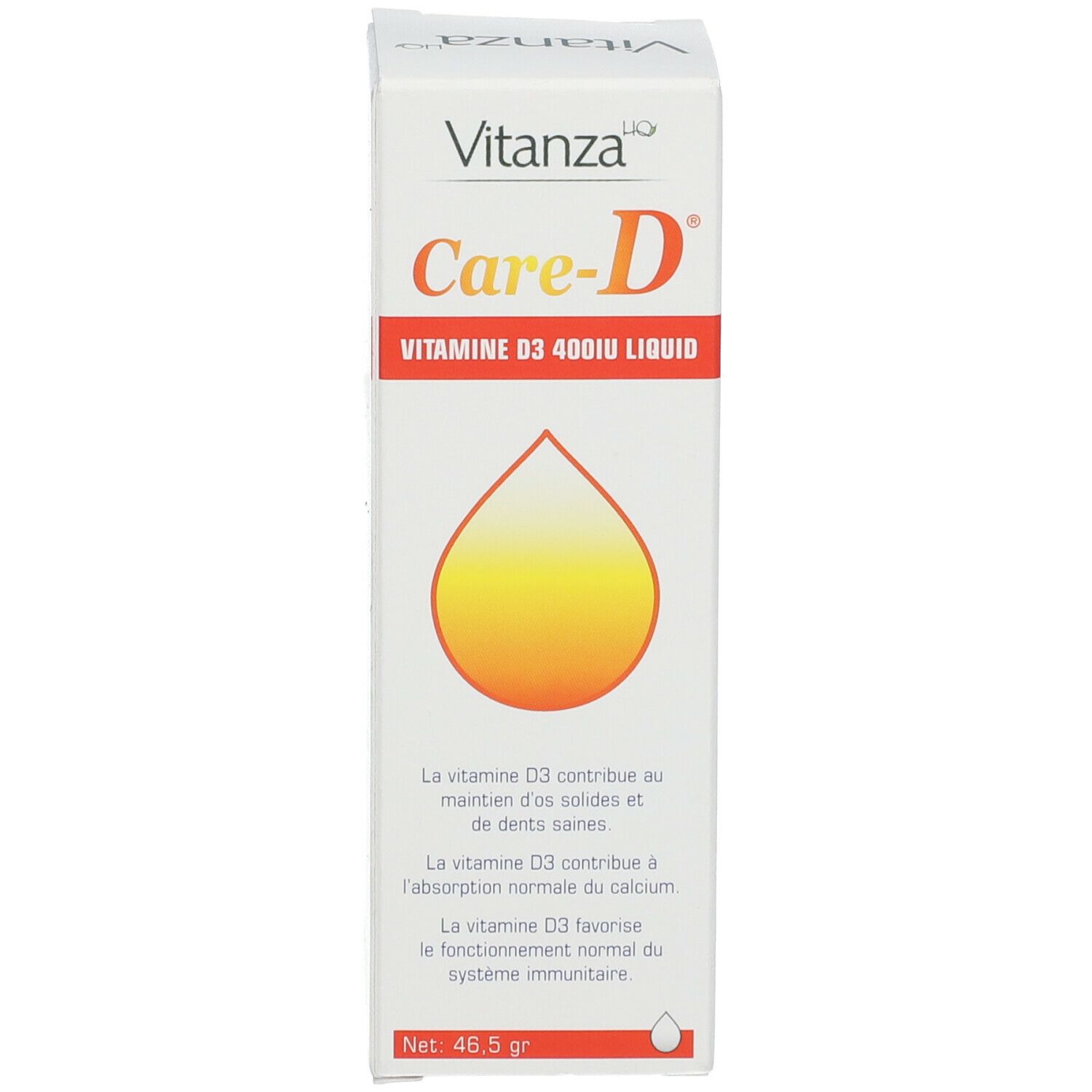 Emballage du produit. "Vitanza Care-D" et "Vitamine D3 400IU Liquid". Symbole de goutte. Net 46,5 g.