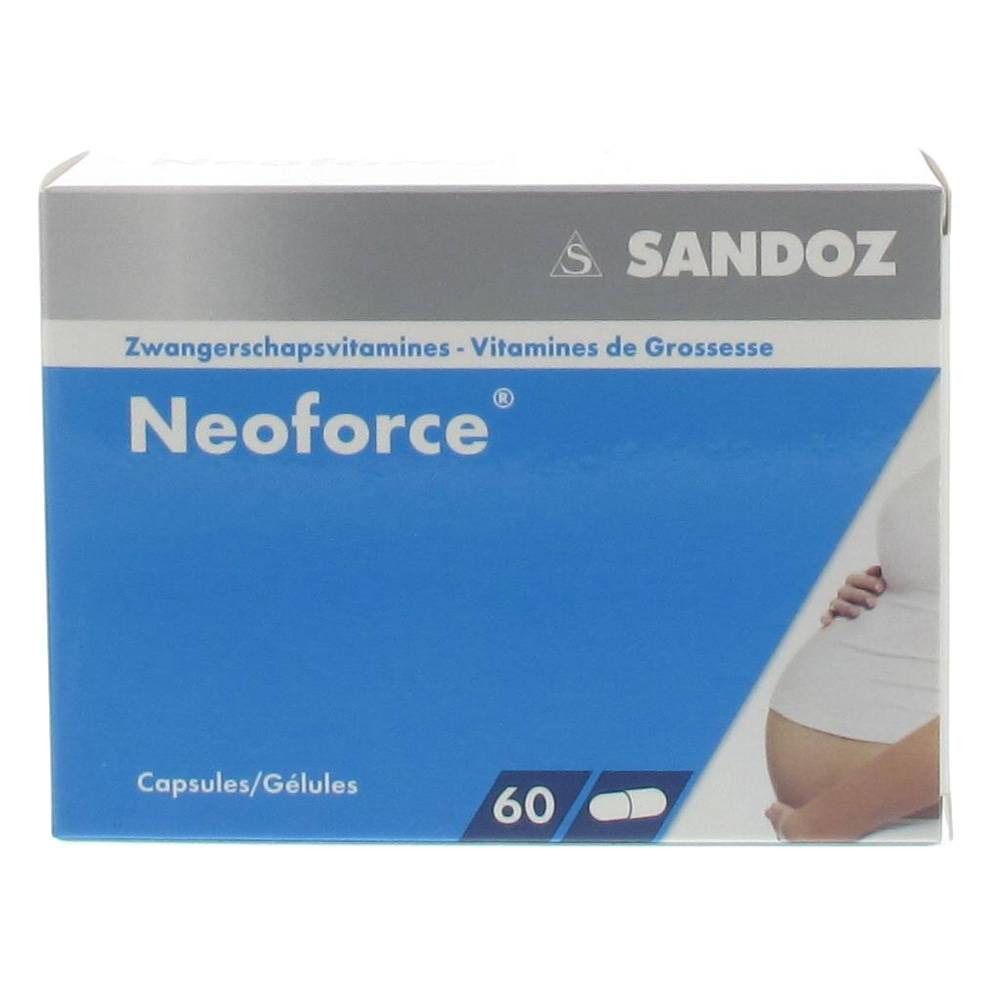 Boîte de Neoforce, 60 gélules. Logo Sandoz. Inscription : Vitamines de grossesse. Illustration d'une femme enceinte.