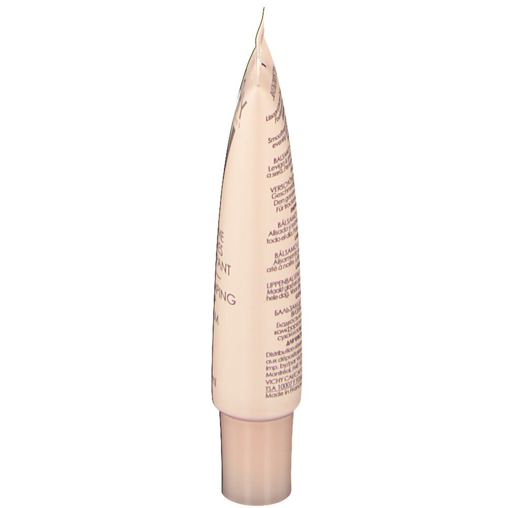 Vue latérale d'un tube beige. Texte multilingue. Inscription: VICHY, Baume Lèvres Repulpant, Baume à lèvres.