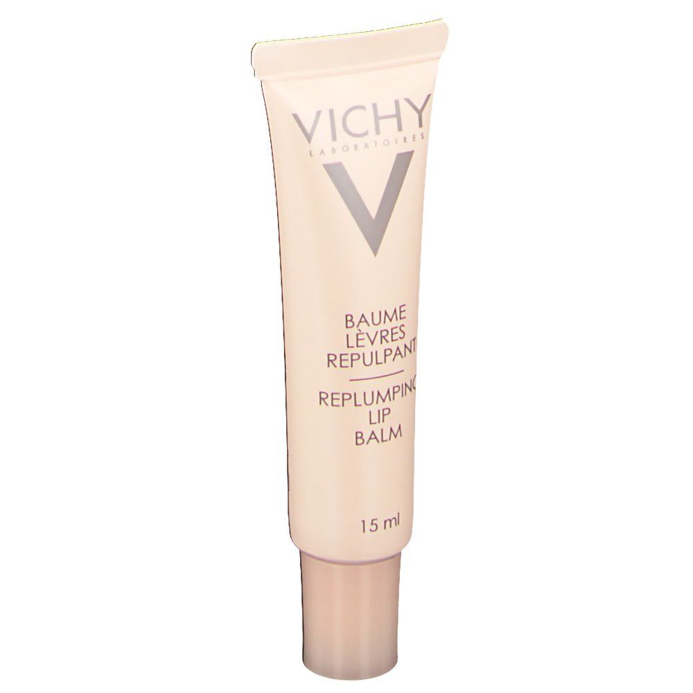 Tube beige avec texte blanc. Inscription: VICHY, Baume Lèvres Repulpant, Replumping Lip Balm. 15 ml.