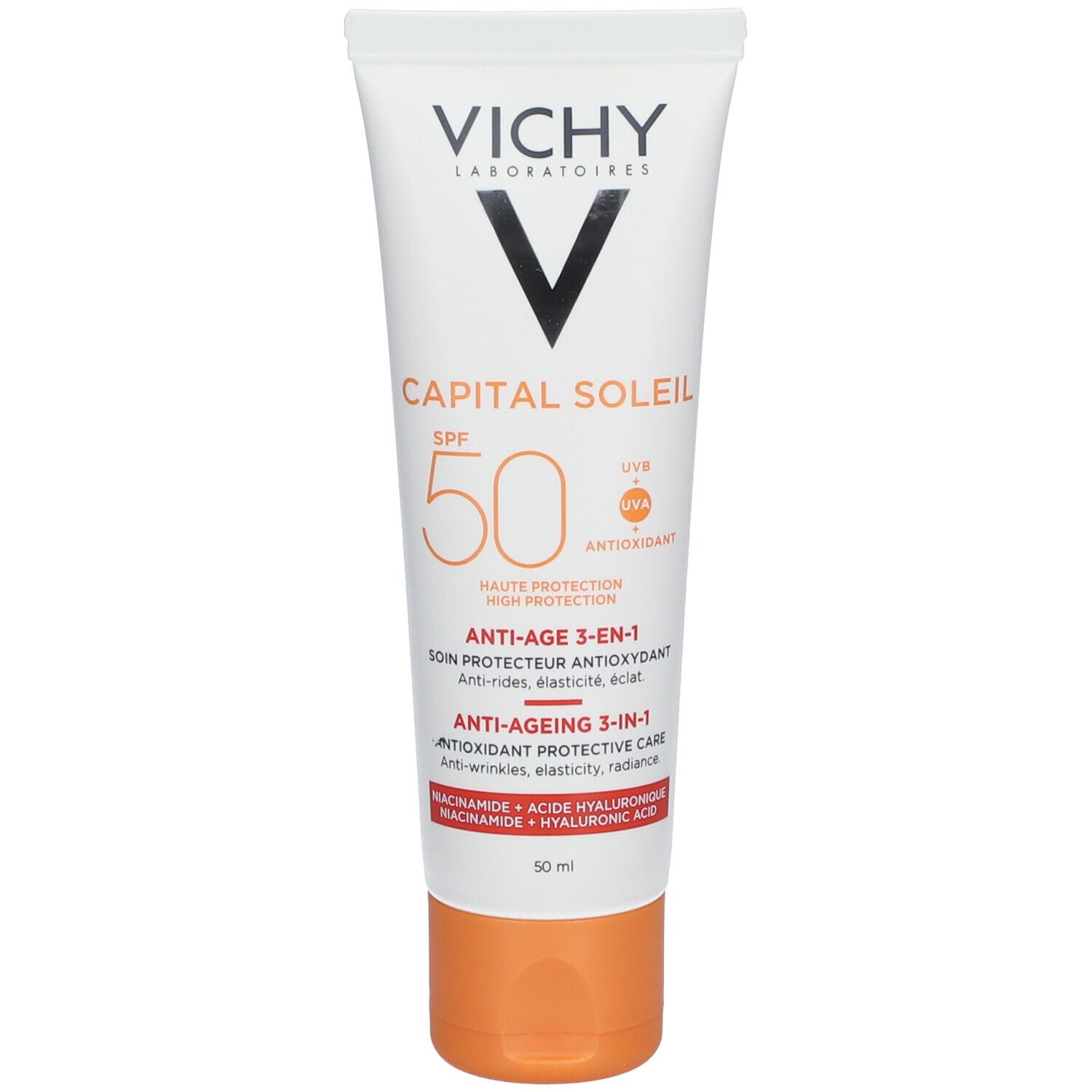 Tube mit Produktinformationen. Marke: Vichy. SPF 50+ und Produktname sichtbar.