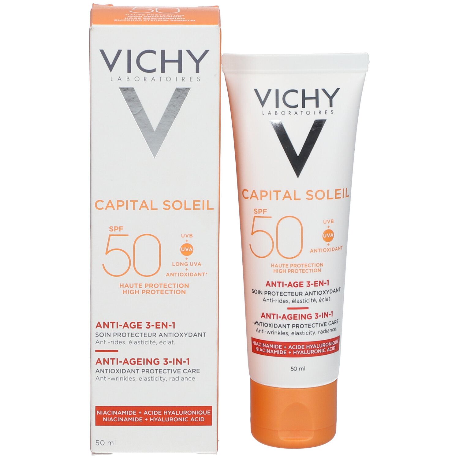 Tube und Kartonverpackung. Marke: Vichy. Produktname und SPF 50+ sichtbar.