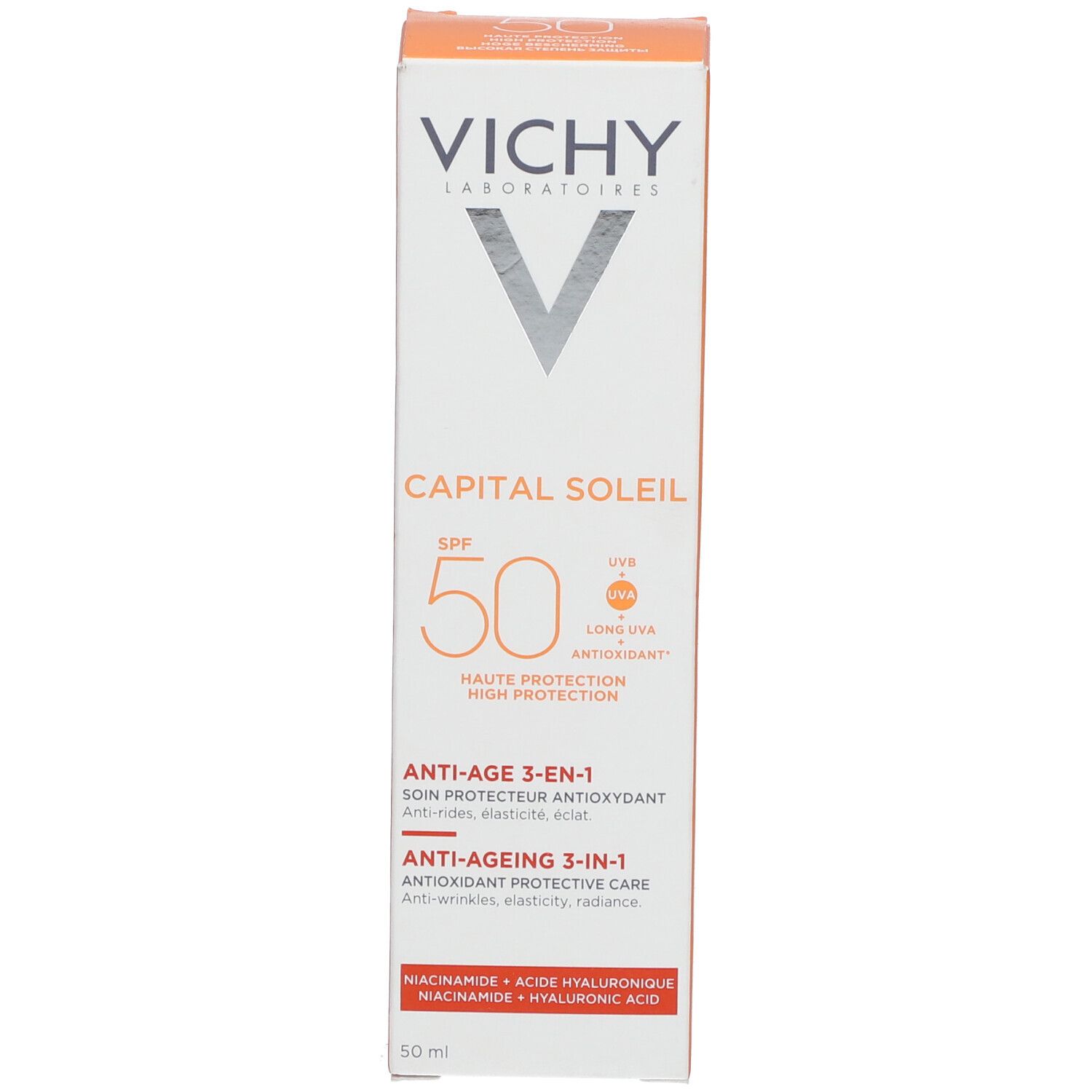 Kartonverpackung. Marke: Vichy. Produktname und SPF 50+ deutlich sichtbar.