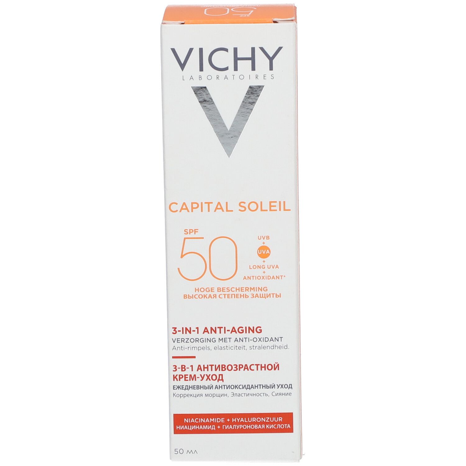 Kartonverpackung. Marke: Vichy. Produktname und SPF 50+ deutlich sichtbar.