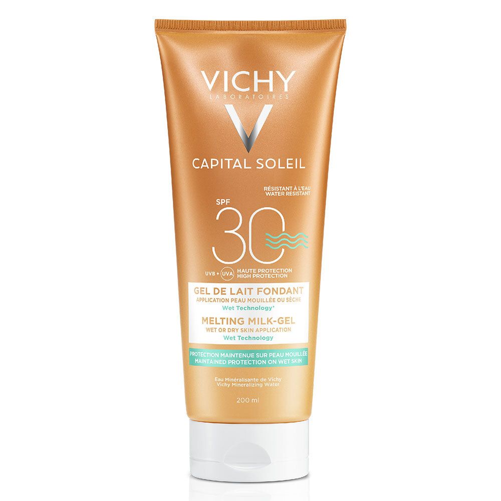 Tube orange avec bouchon blanc. Inscriptions: VICHY, CAPITAL SOLEIL, SPF 30. Texte: Gel de Lait Fondant, Melting Milk-Gel.