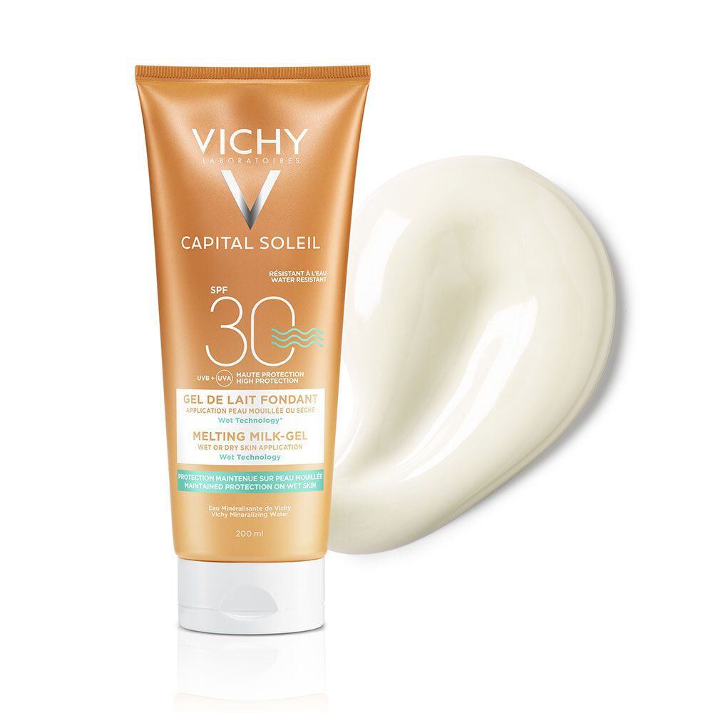 Tube et goutte de produit. Inscriptions: VICHY, CAPITAL SOLEIL, SPF 30. Texte: Gel de Lait Fondant, Melting Milk-Gel.