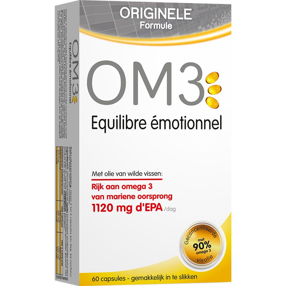 Boîte de OM3 Équilibre émotionnel. Boîte blanche avec nom du produit et capsules jaunes. Contient 60 capsules.