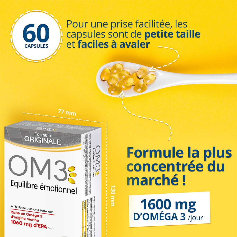 Emballage OM3 avec 60 capsules. Capsules sur une cuillère. Dimensions : 77 mm x 130 mm. Texte : Formule originale.