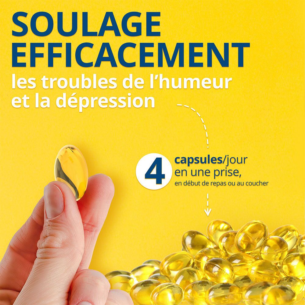 Main tenant une capsule jaune. Plusieurs capsules en arrière-plan. Texte : 4 capsules par jour.