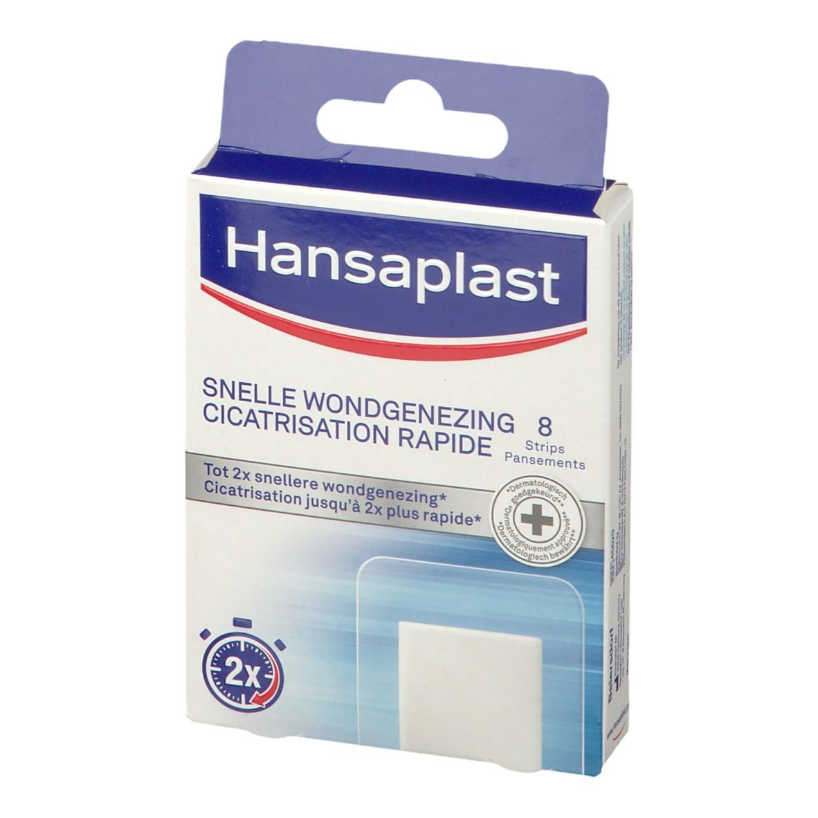 Verpakking Hansaplast pleisters. Blauw-witte doos met productinfo en logo. Bevat 8 pleisters.