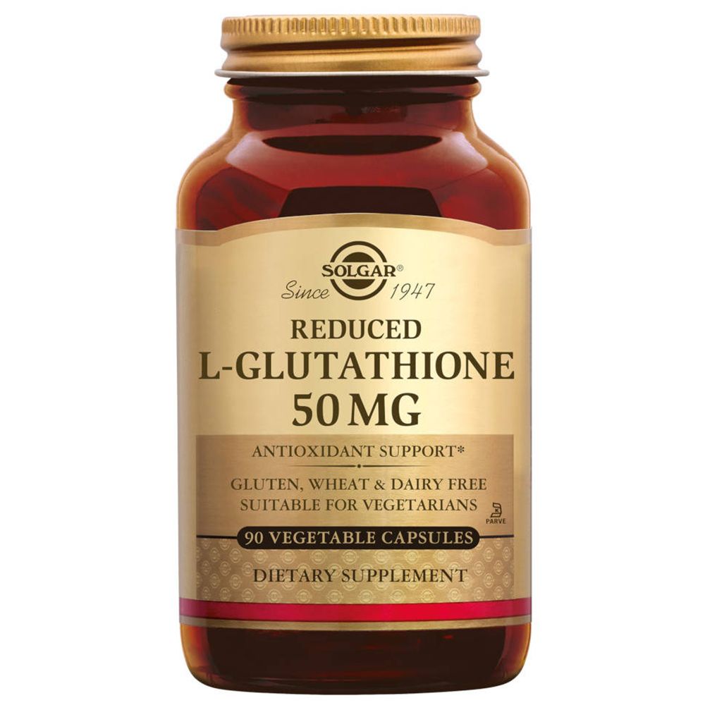 Flacon en verre brun avec couvercle doré. Étiquette avec informations produit : "Reduced L-Glutathione 50 mg".