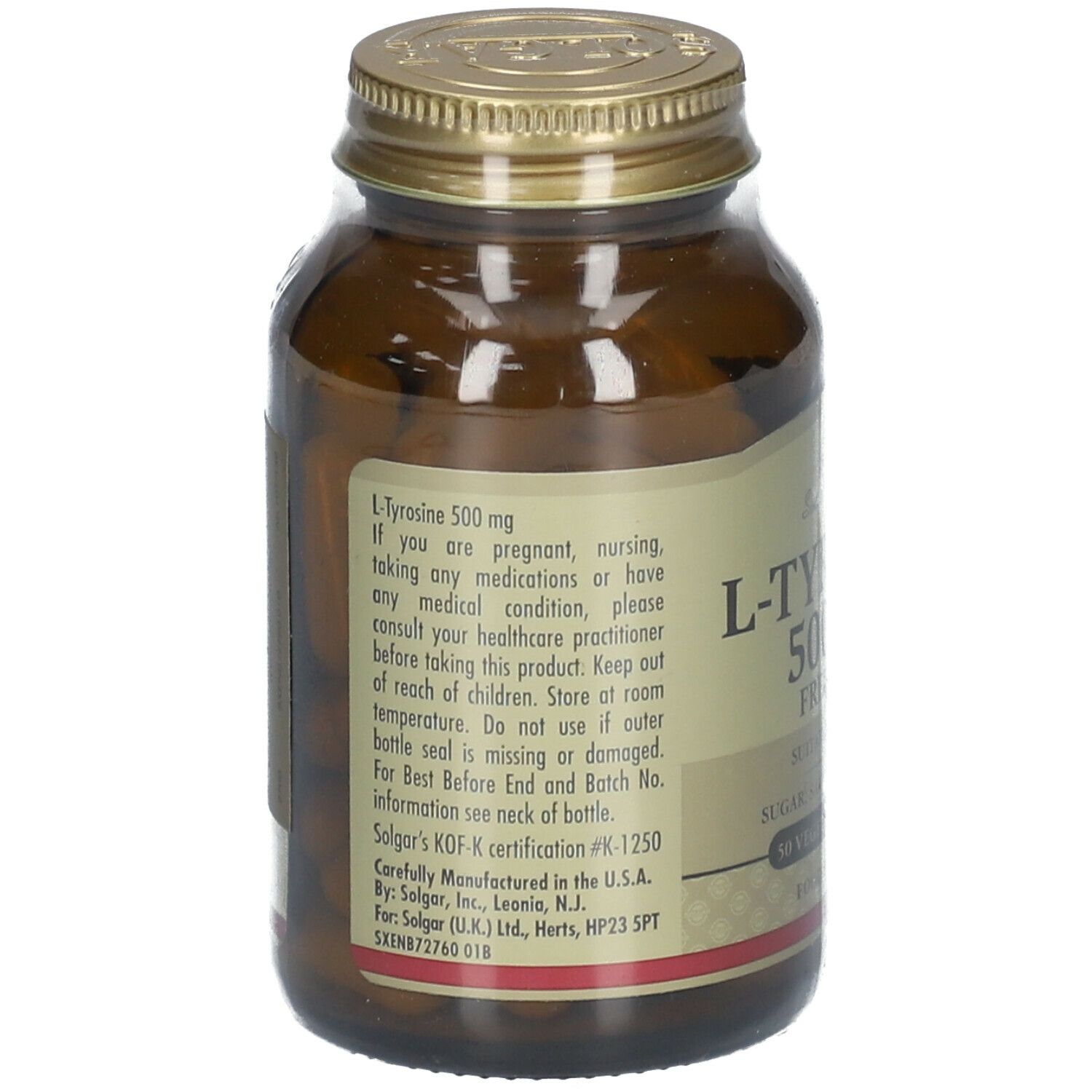 Braune Glasflasche mit goldfarbenem Deckel. Etikett mit Informationen zu Inhaltsstoffen und Warnhinweisen.