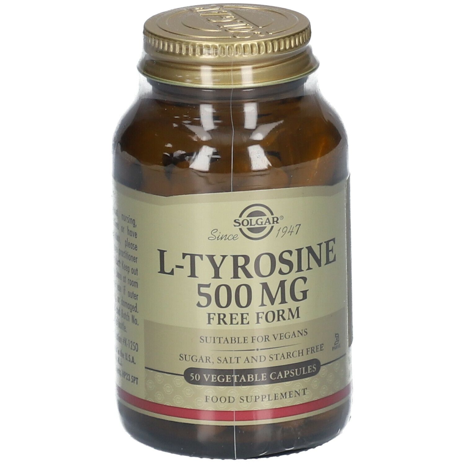 Braune Glasflasche mit goldfarbenem Deckel, in Folie verpackt. Etikett mit "L-Tyrosine 500 MG".