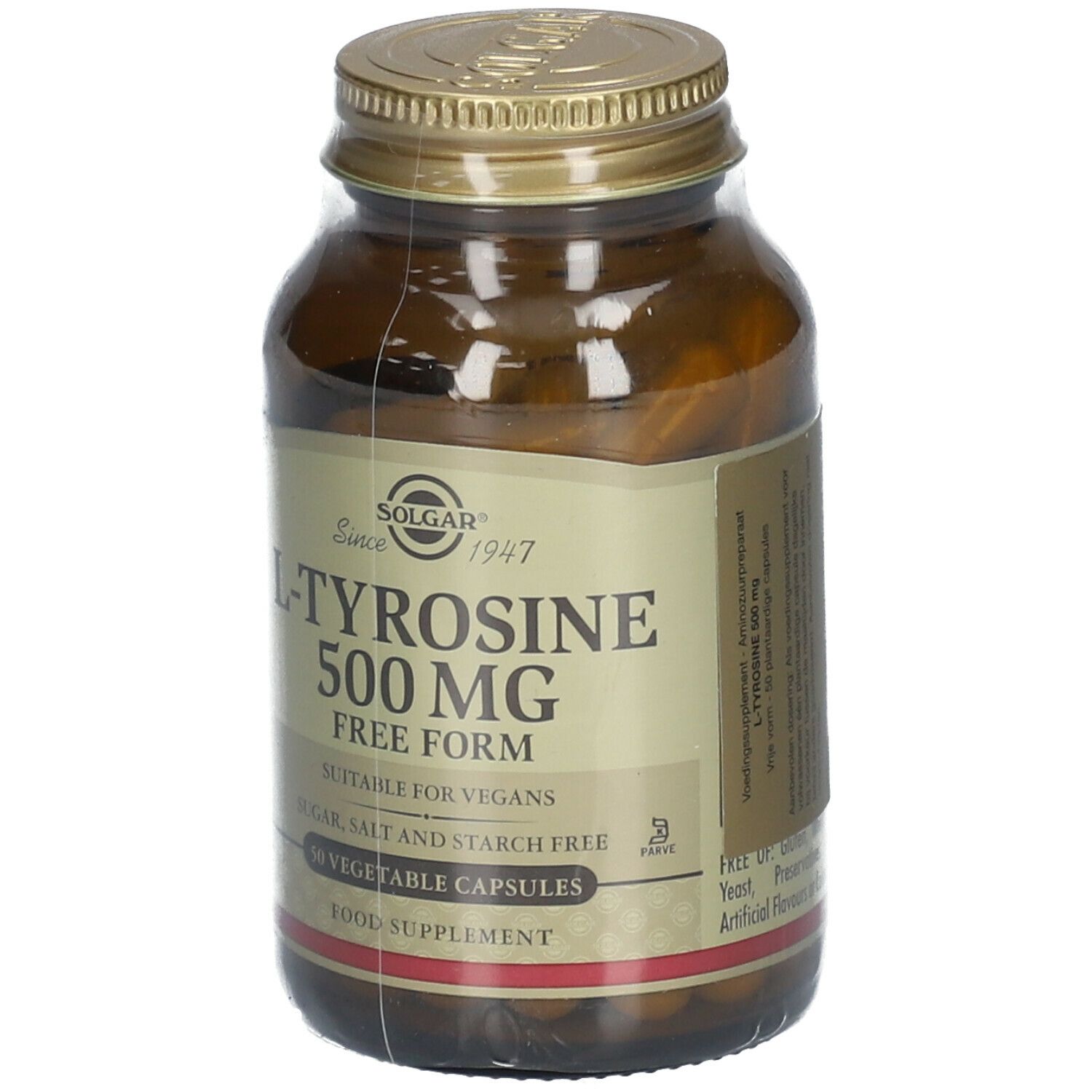 Braune Glasflasche mit goldfarbenem Deckel. Etikett mit "L-Tyrosine 500 MG" und "50 Vegetable Capsules".