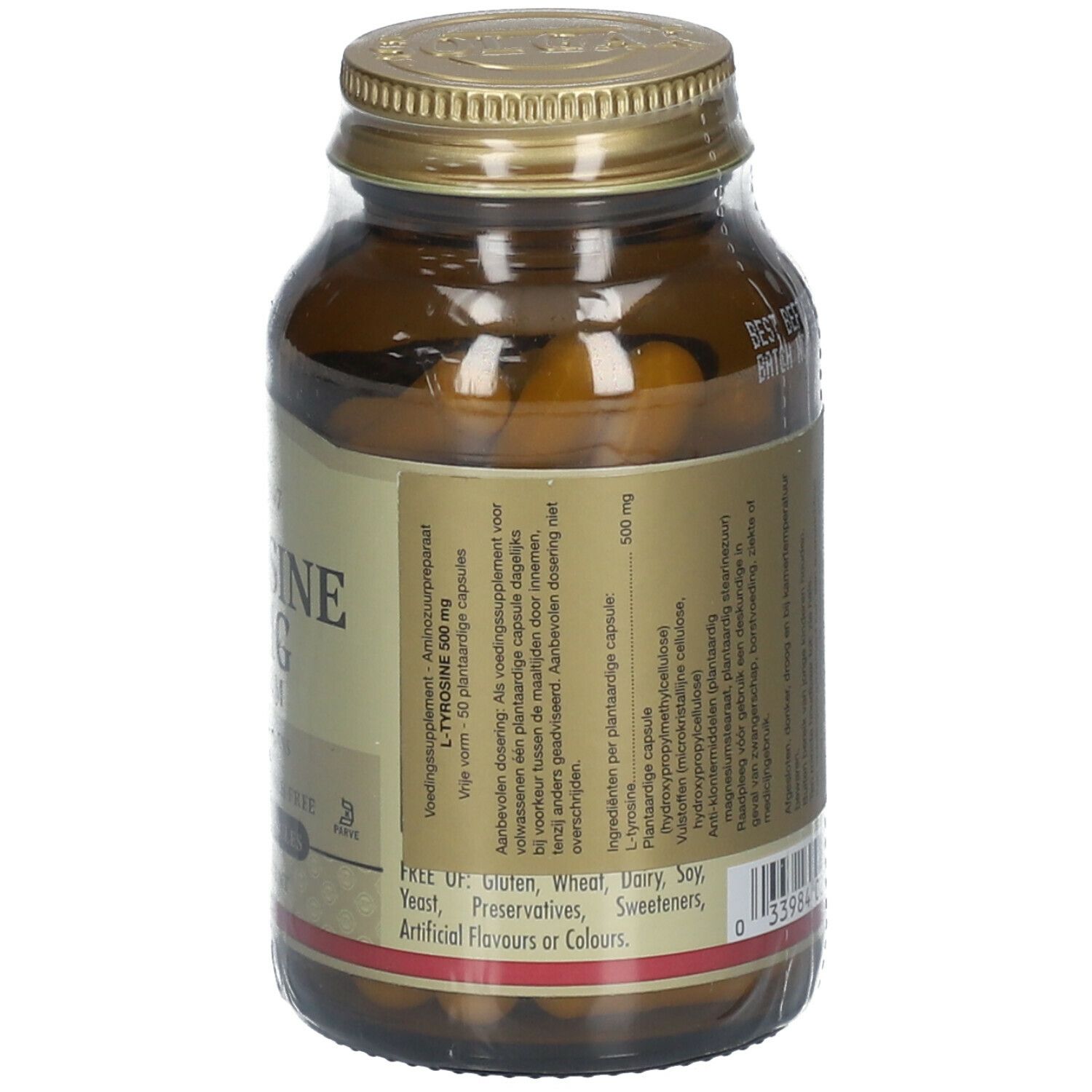 Braune Glasflasche mit goldfarbenem Deckel. Rückseite mit Informationen zu Inhaltsstoffen und Nährwerten.