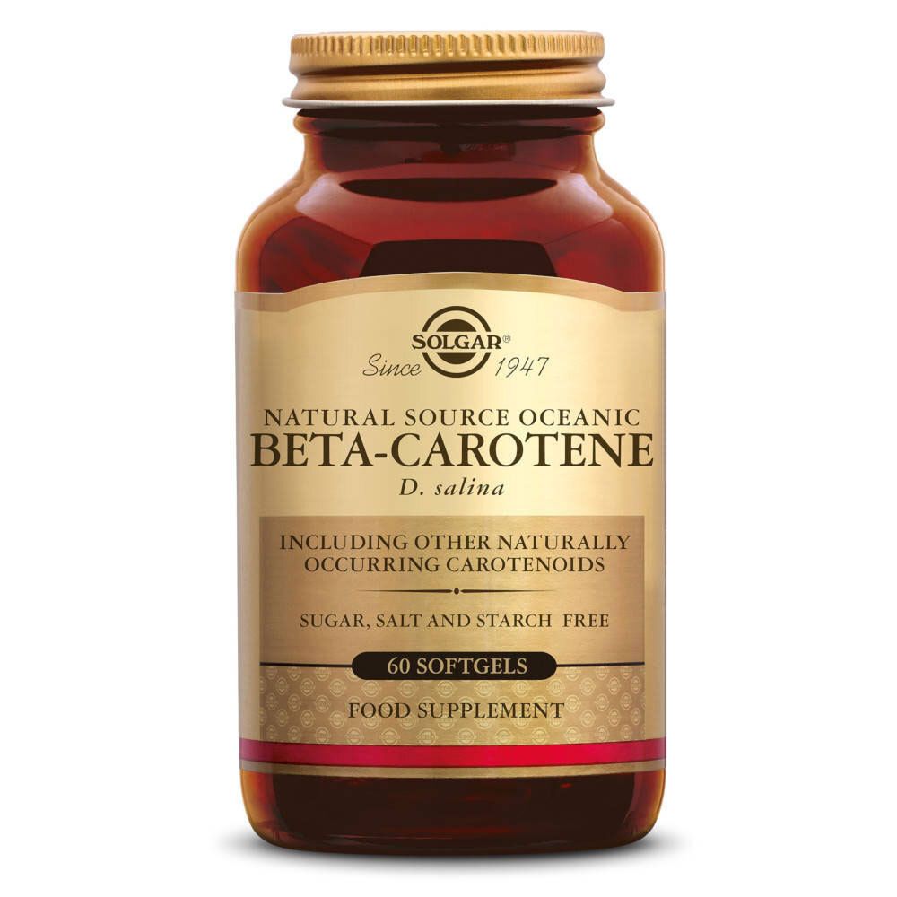 Flacon en verre brun avec bouchon doré. Étiquette avec nom du produit Beta-Carotène, marque Solgar, et 60 gélules.