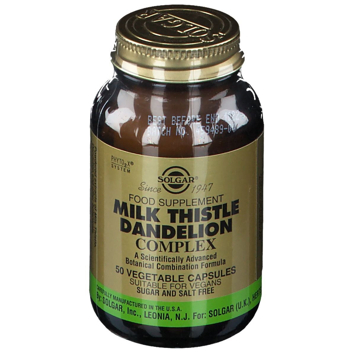 Braune Glasflasche mit goldfarbenem Deckel. Aufschrift: Milk Thistle Dandelion Complex. 50 Kapseln. Marke: Solgar.