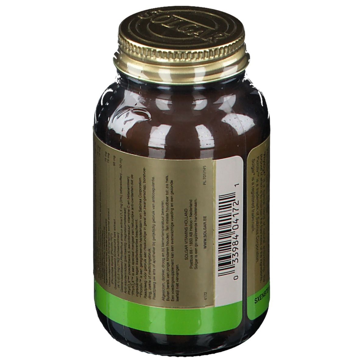 Rückseite einer braunen Glasflasche mit goldfarbenem Deckel. Text mit Herstellerinformationen und Barcode. Marke: Solgar.