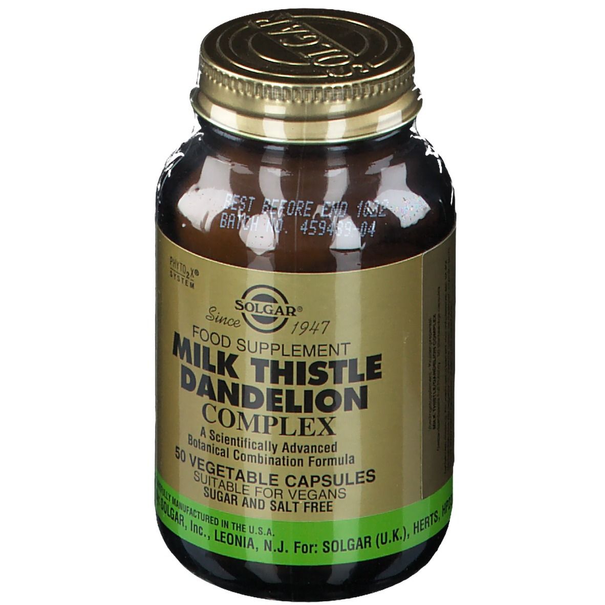 Braune Glasflasche mit goldfarbenem Deckel. Aufschrift: Milk Thistle Dandelion Complex. 50 Kapseln. Marke: Solgar.