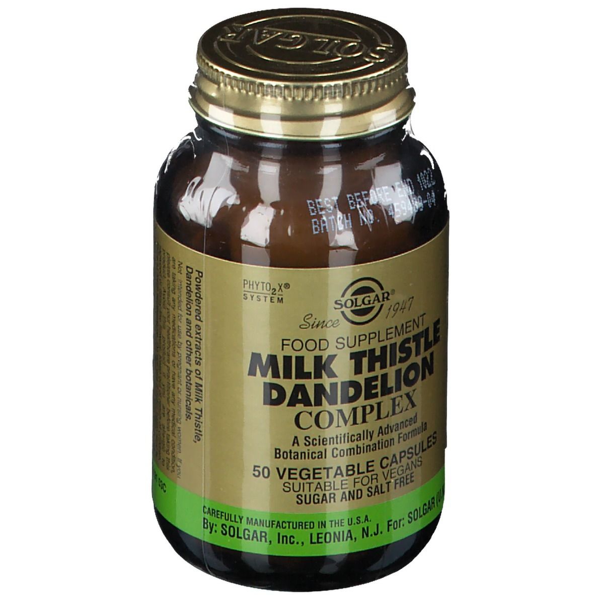 Braune Glasflasche mit goldfarbenem Deckel. Aufschrift: Milk Thistle Dandelion Complex. 50 Kapseln. Marke: Solgar.