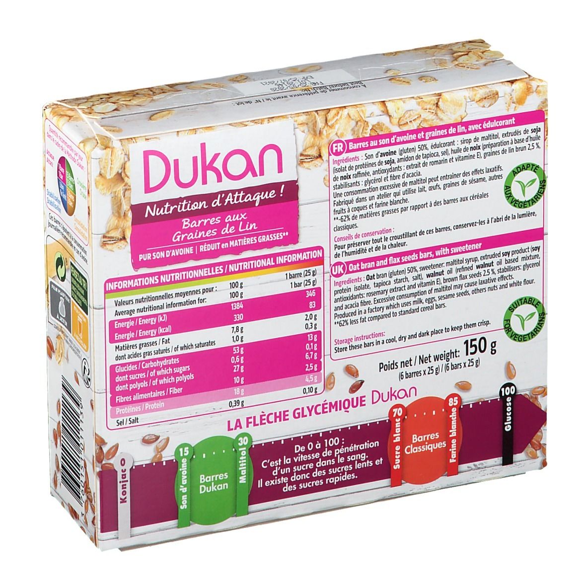 Rückseite der Verpackung mit Nährwertangaben. Aufschrift: Dukan, Barres aux Graines de Lin. Enthält Leinsamen und Haferkleie. 150g.