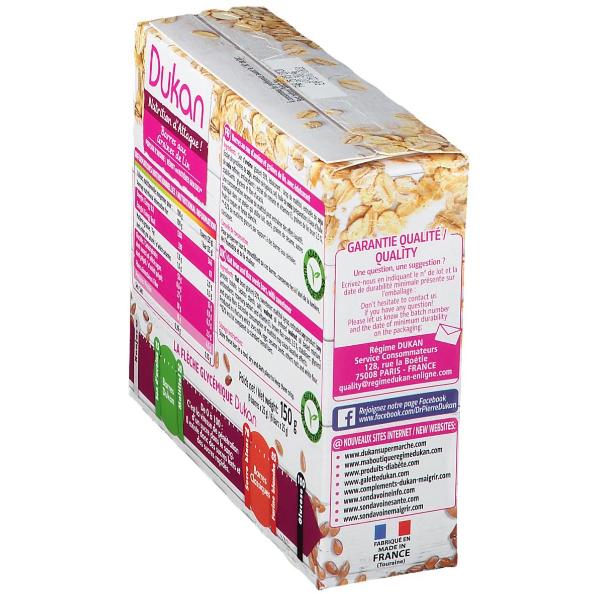 Schrägansicht der Verpackung mit Nährwertangaben. Aufschrift: Dukan, Barres aux Graines de Lin. Enthält Leinsamen und Haferkleie. 150g.
