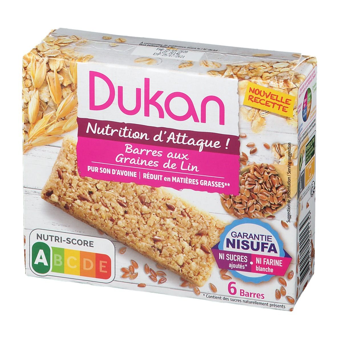Verpackung mit 6 Riegeln. Aufschrift: Dukan, Nutrition d'Attaque, Barres aux Graines de Lin. Enthält Leinsamen und Haferkleie.