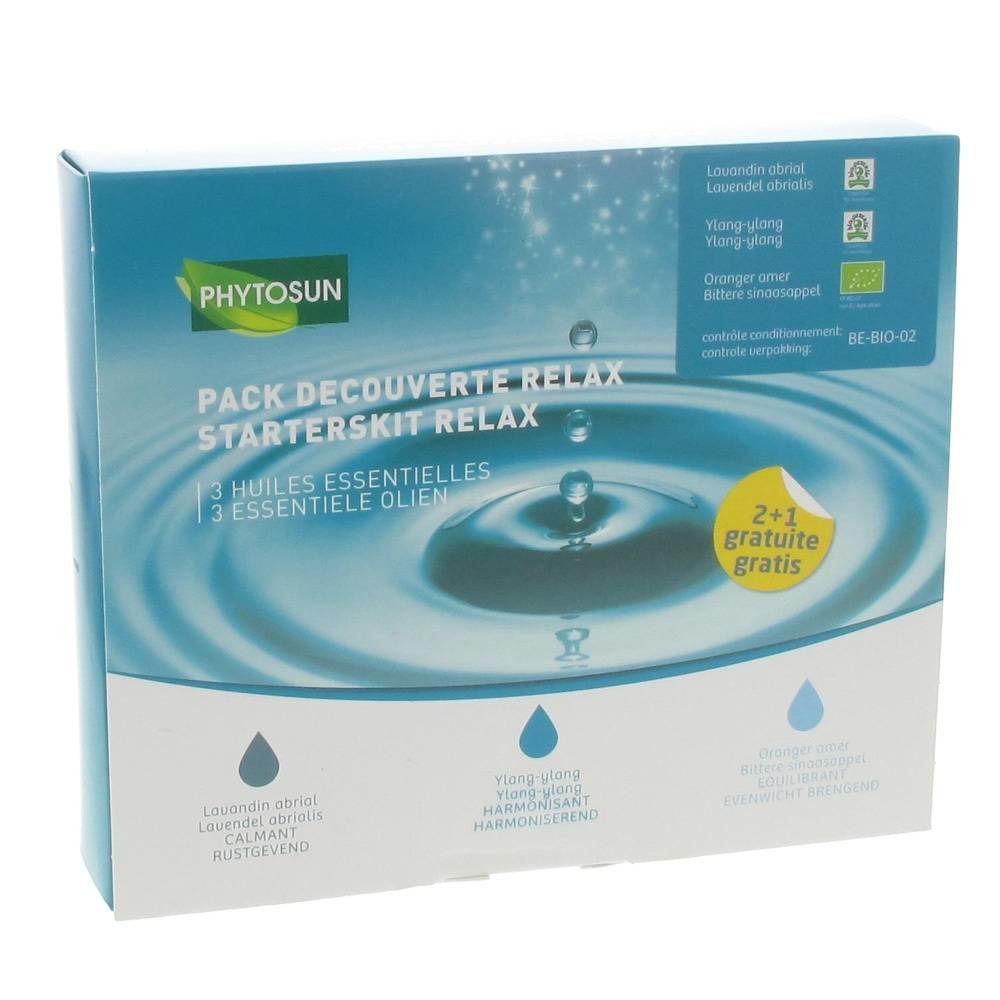 Boîte avec nom de produit et désignation. Contient 3 huiles essentielles. Avec autocollant 2+1 gratuit.