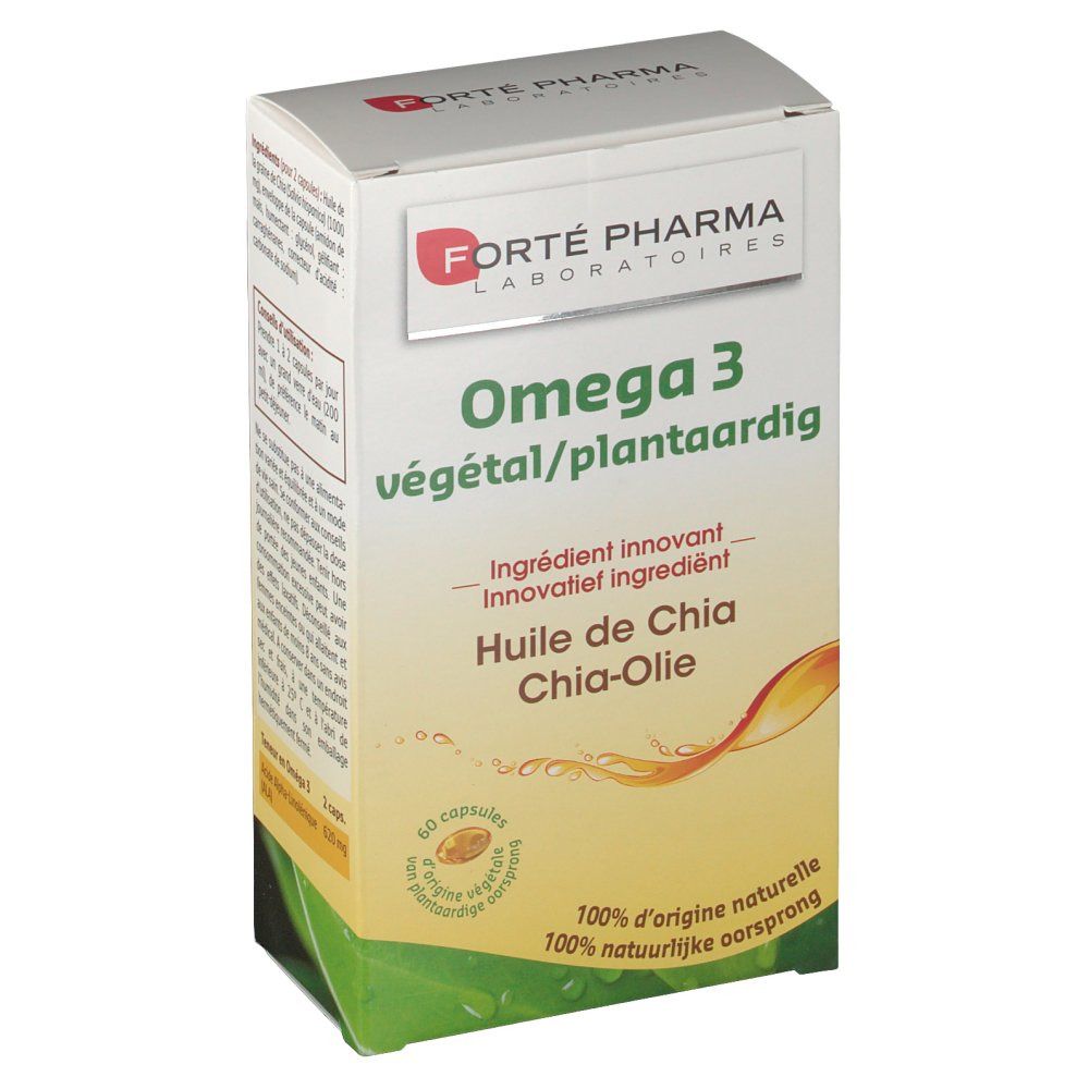 Doosje Omega 3 plantaardig. Bevat 60 capsules. Merk: Forté Pharma. Met chia-olie.