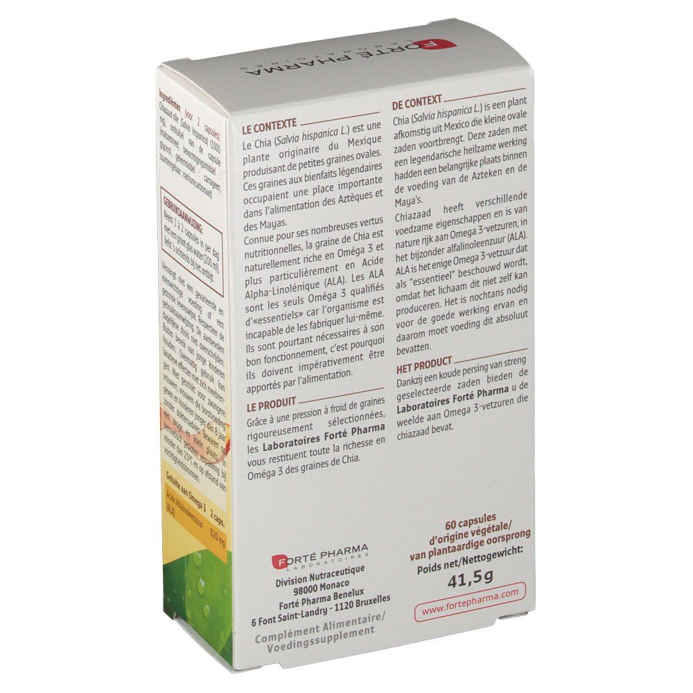 Achterkant doosje Omega 3 plantaardig. Tekst over chiazaad en omega 3. Merk: Forté Pharma.