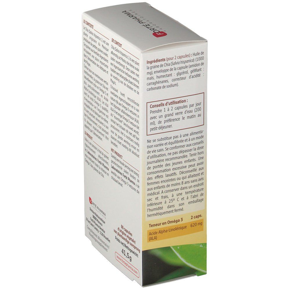 Doosje Omega 3 plantaardig. Bevat 60 capsules. Ingrediënten en gebruiksaanwijzing. Merk: Forté Pharma.