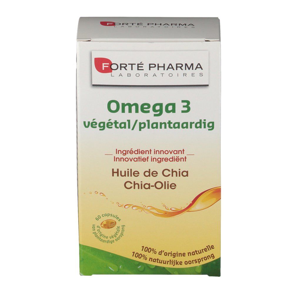 Doosje Omega 3 plantaardig. Bevat 60 capsules. Merk: Forté Pharma. Met chia-olie.