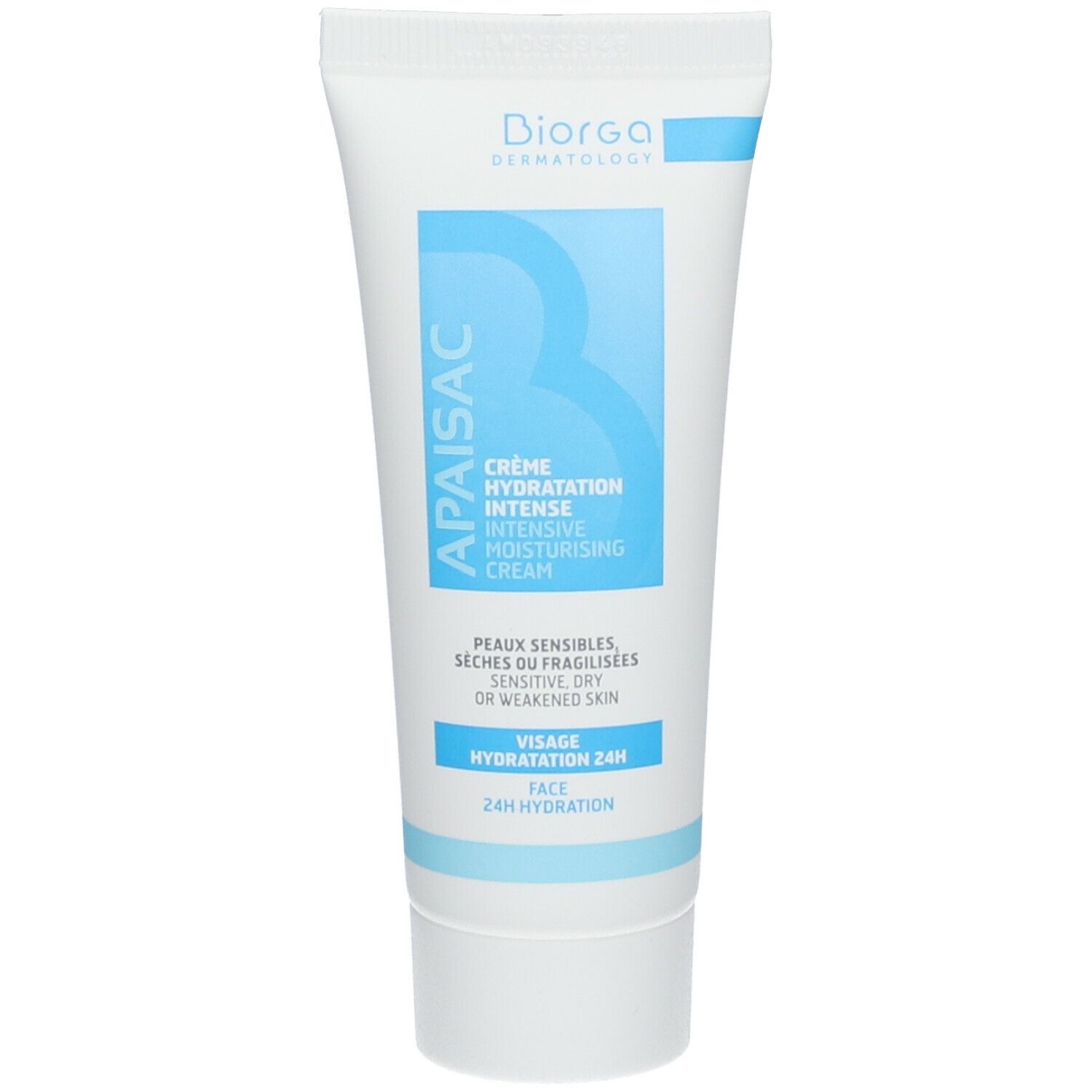 Crèmetube met opschrift Apaisac, Crème Hydratation Intense. Blauw en witte verpakking. Gezichtsverzorging.